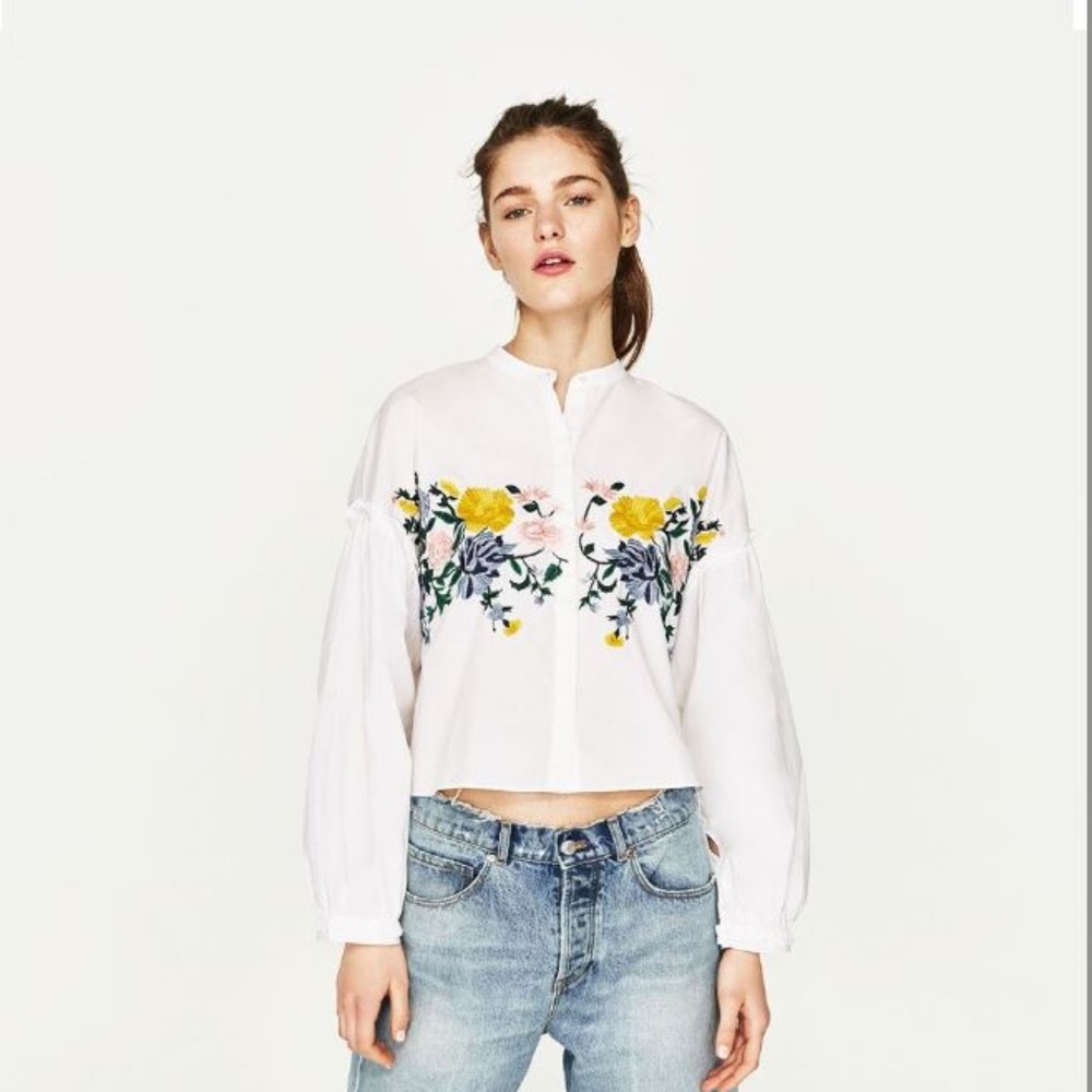 Zara White Floral Embroidered  Blouse